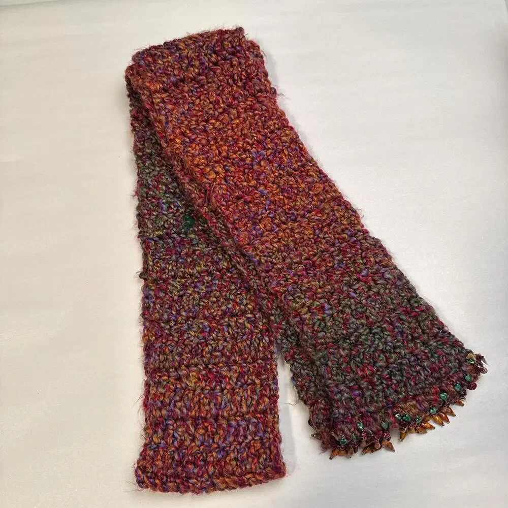 Vintage Boho Hand-Beaded Crochet‎ Scarf in Sunset Tones